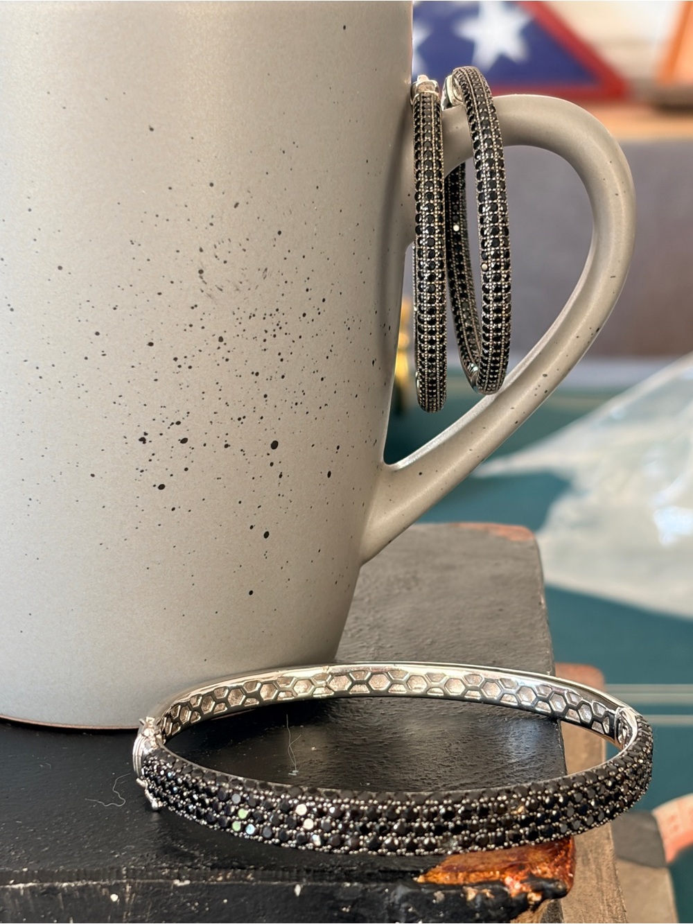 Black Crystal Hinged Bangle Bracelet & Hoop Earrings Set in Sterling Silver